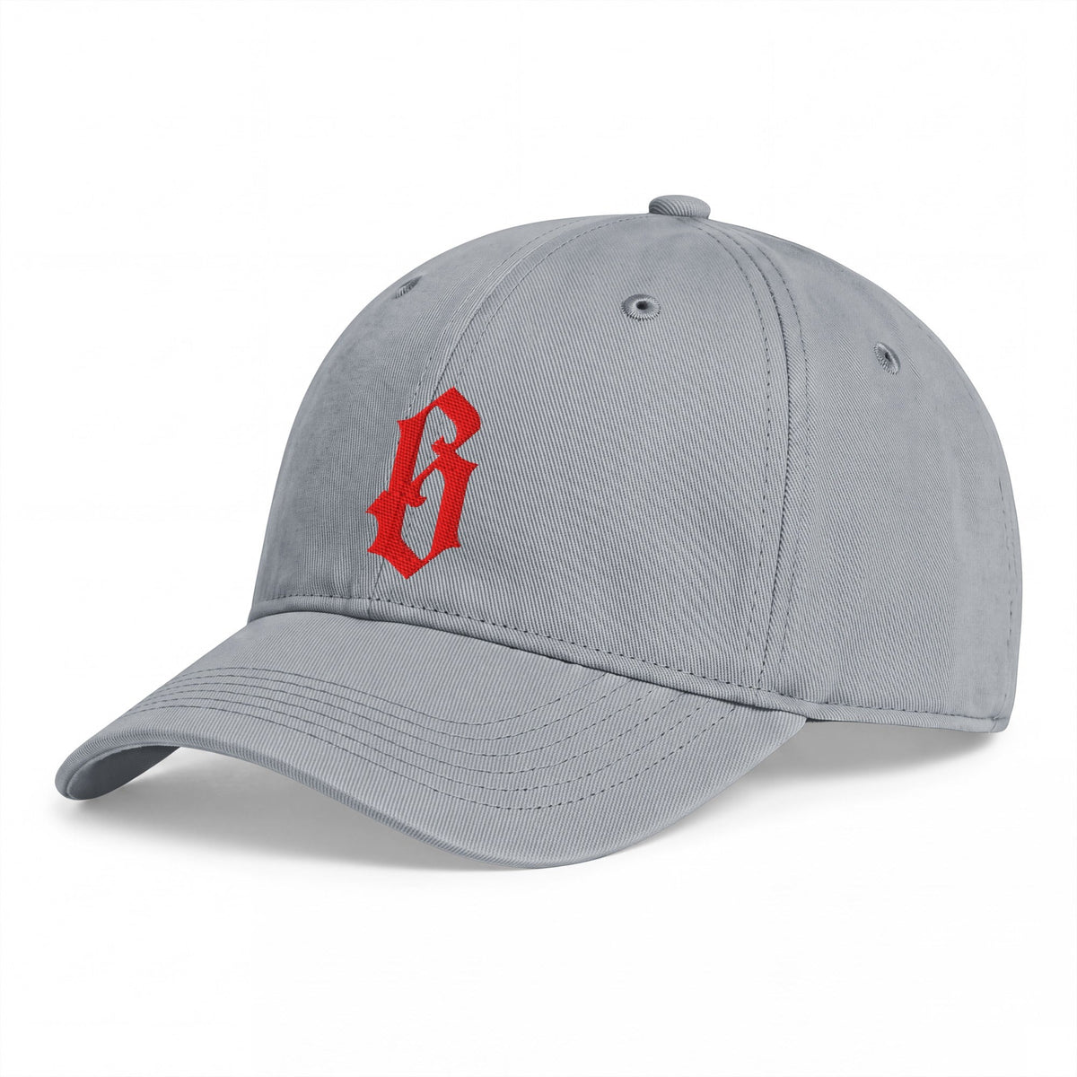 Casquette belge originale brodée B gothique rouge, coloris gris granit, vue de trois-quarts