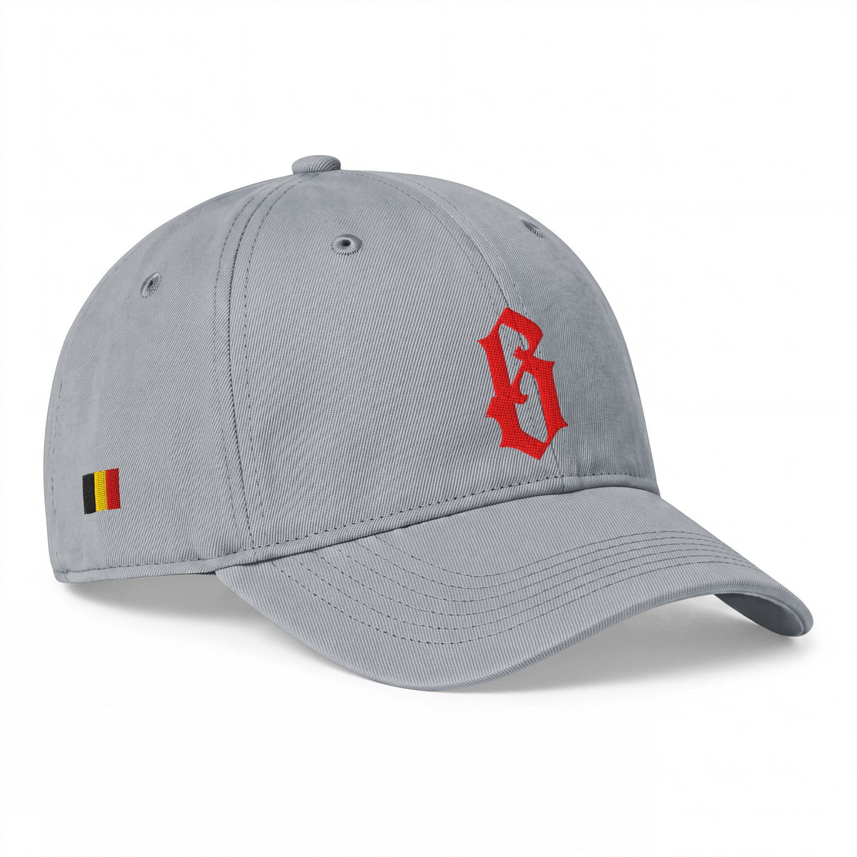Casquette belge originale brodée B gothique rouge, coloris gris granit, profil avec drapeau belge brodé sur le côté