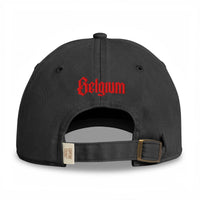 Casquette belge originale brodée B gothique rouge, coloris noir, broderie Belgium rouge au dos
