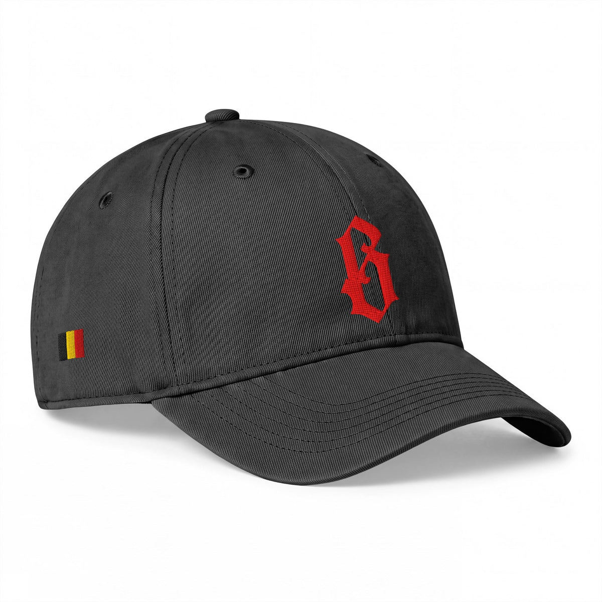 Casquette belge originale brodée B gothique rouge, coloris noir, profil avec drapeau belge brodé sur le côté