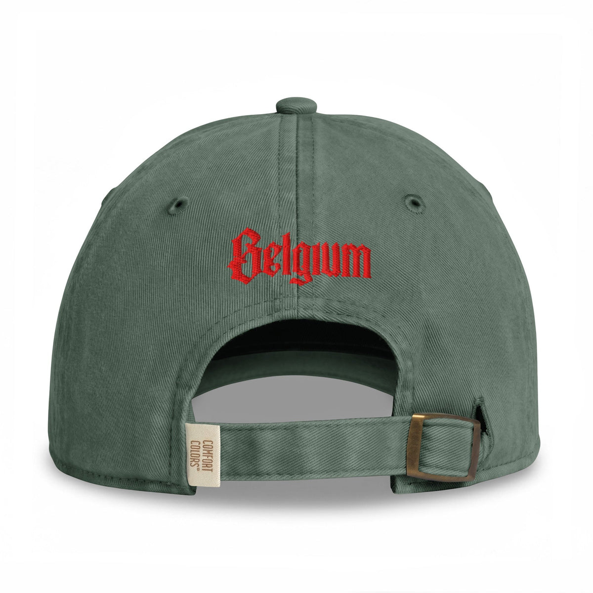 Casquette belge originale brodée B gothique rouge, coloris vert mousse, broderie Belgium rouge au dos