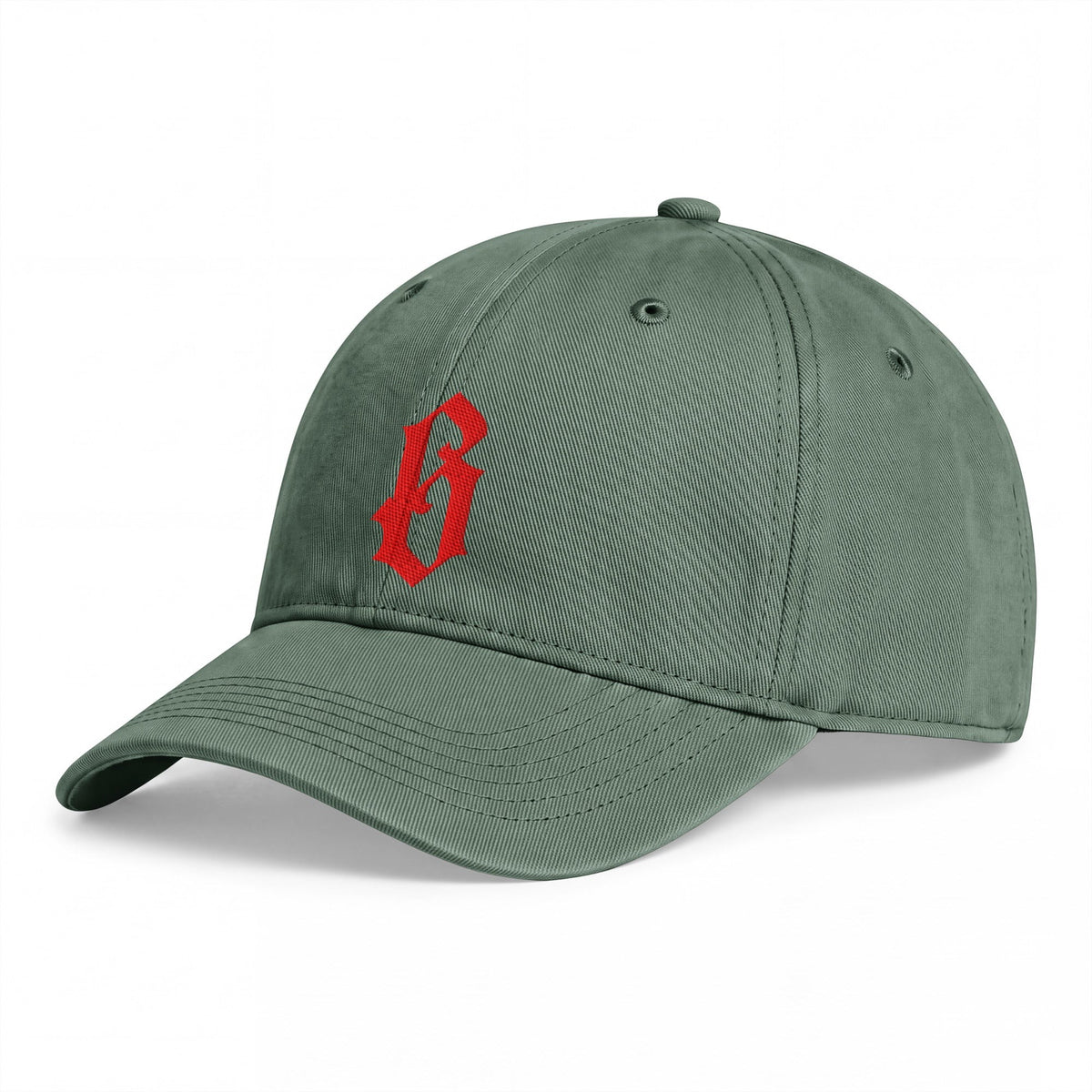 Casquette belge originale brodée B gothique rouge, coloris vert mousse, vue de trois-quarts
