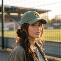 Casquette belge vintage Vert mousse portée par une femme, blason belge brodé fil doré