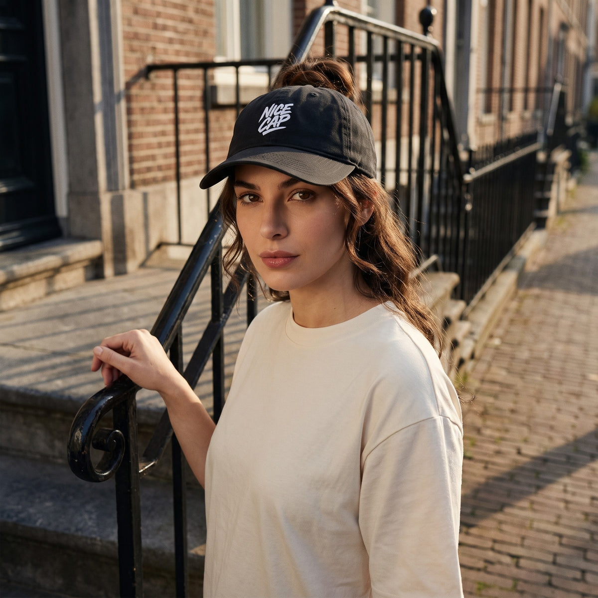 Casquette délavée dad cap vintage noire portée par une femme sur un perron d'une maison belge