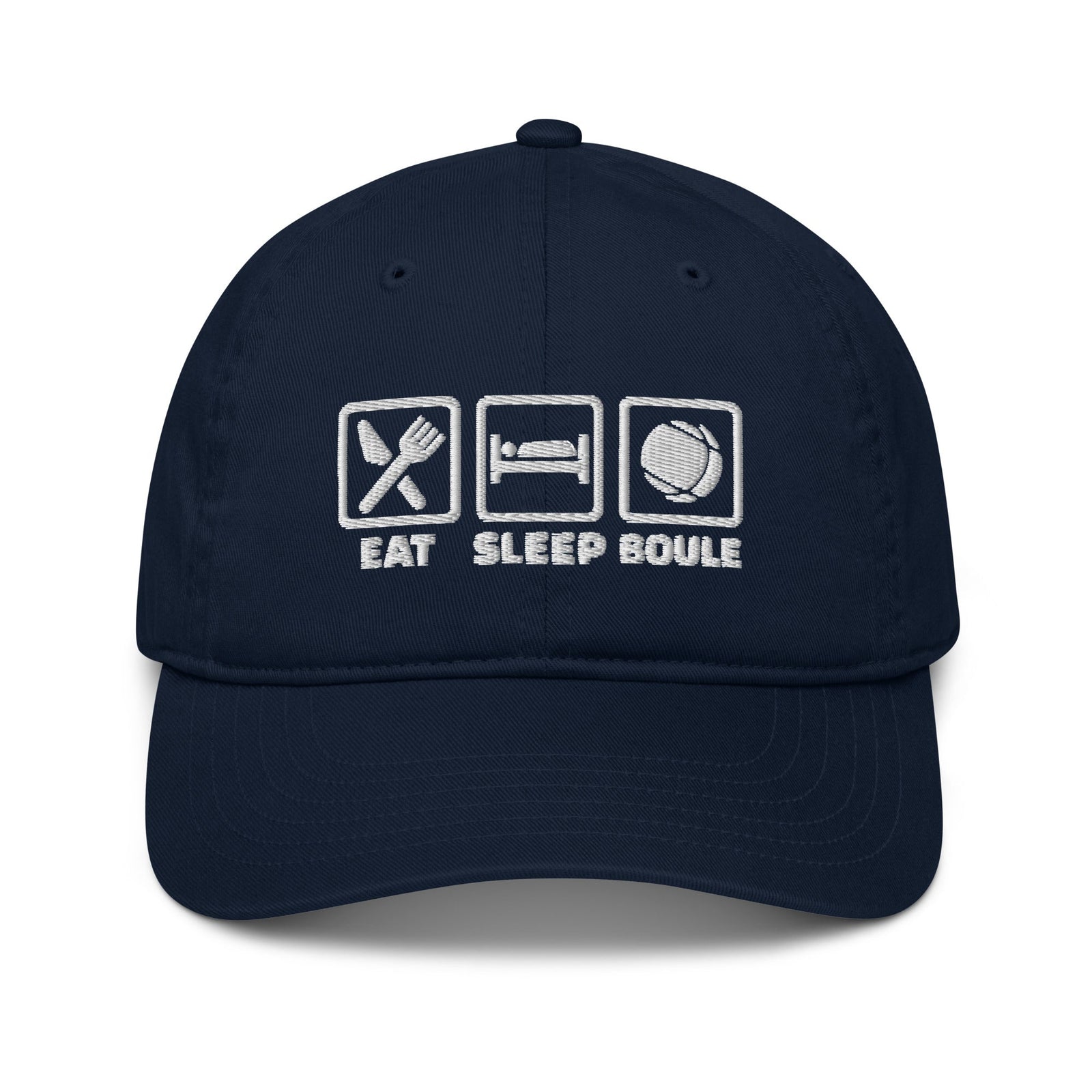 Casquette pétanque brodée EAT SLEEP BOULE bleu marine, vue de face