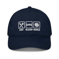 Casquette pétanque brodée EAT SLEEP BOULE bleu marine, vue de face