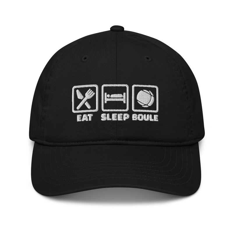 Casquette de pétanque originale EAT SLEEP BOULE noire brodée en coton bio, vue de face