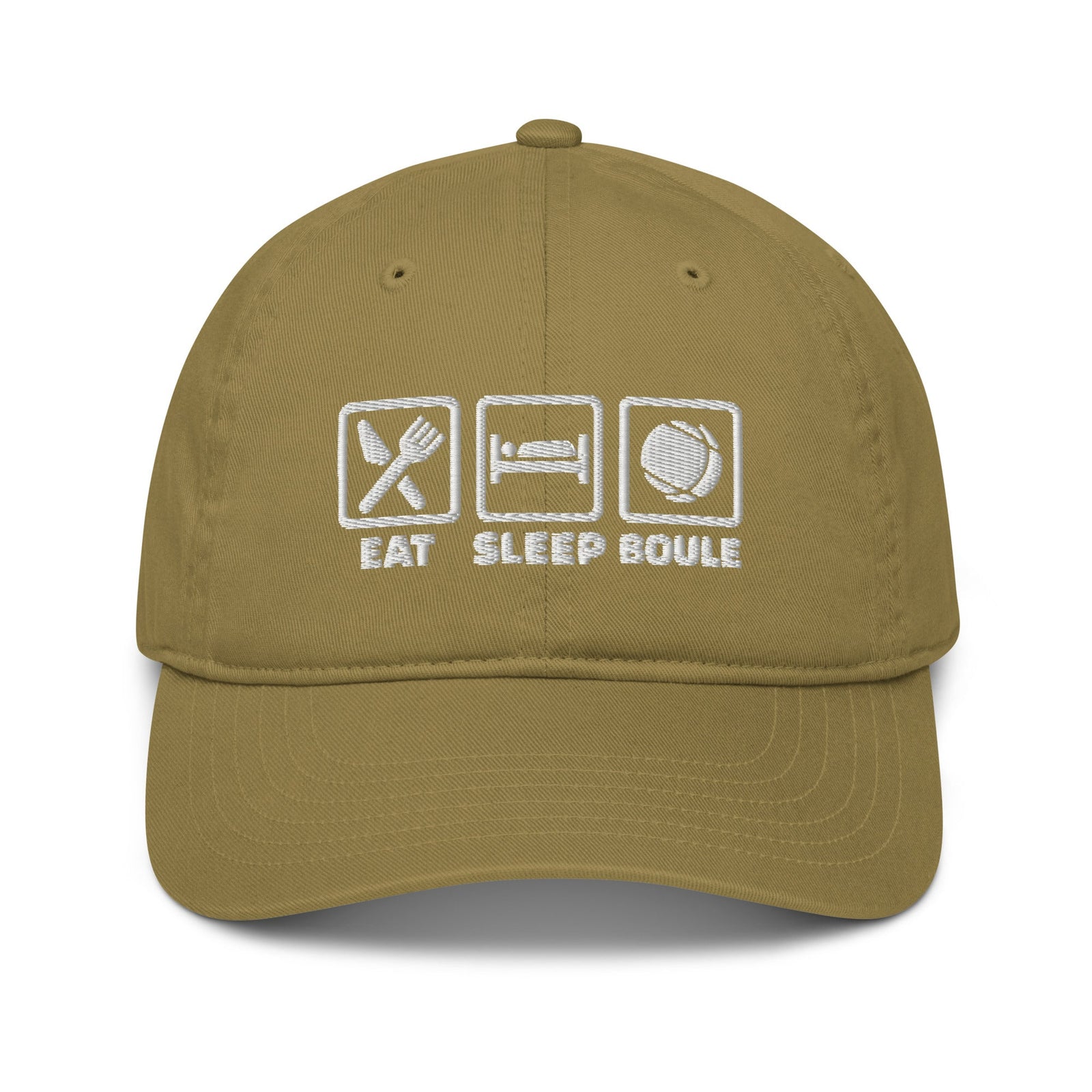 Casquette pétanque brodée EAT SLEEP BOULE vert kaki en coton bio, vue de face