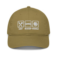Casquette pétanque brodée EAT SLEEP BOULE vert kaki en coton bio, vue de face