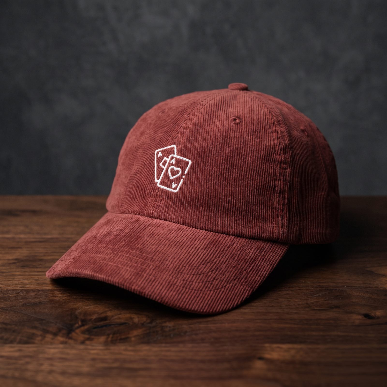 Casquette poker « Paire d'As » bordeaux en velours côtelé, as de pique et as de cœur brodés, posée sur bois foncé
