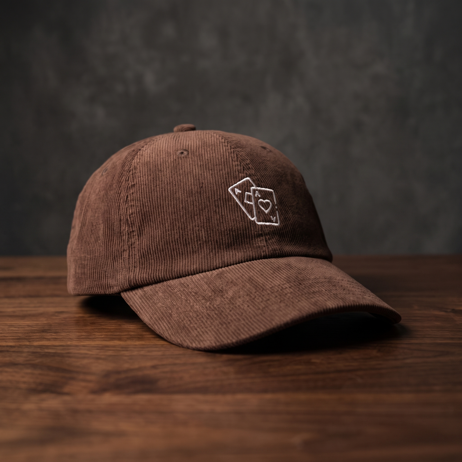 Casquette poker « Paire d'As » marron en velours côtelé, as de pique et as de cœur brodés, posée sur bois foncé