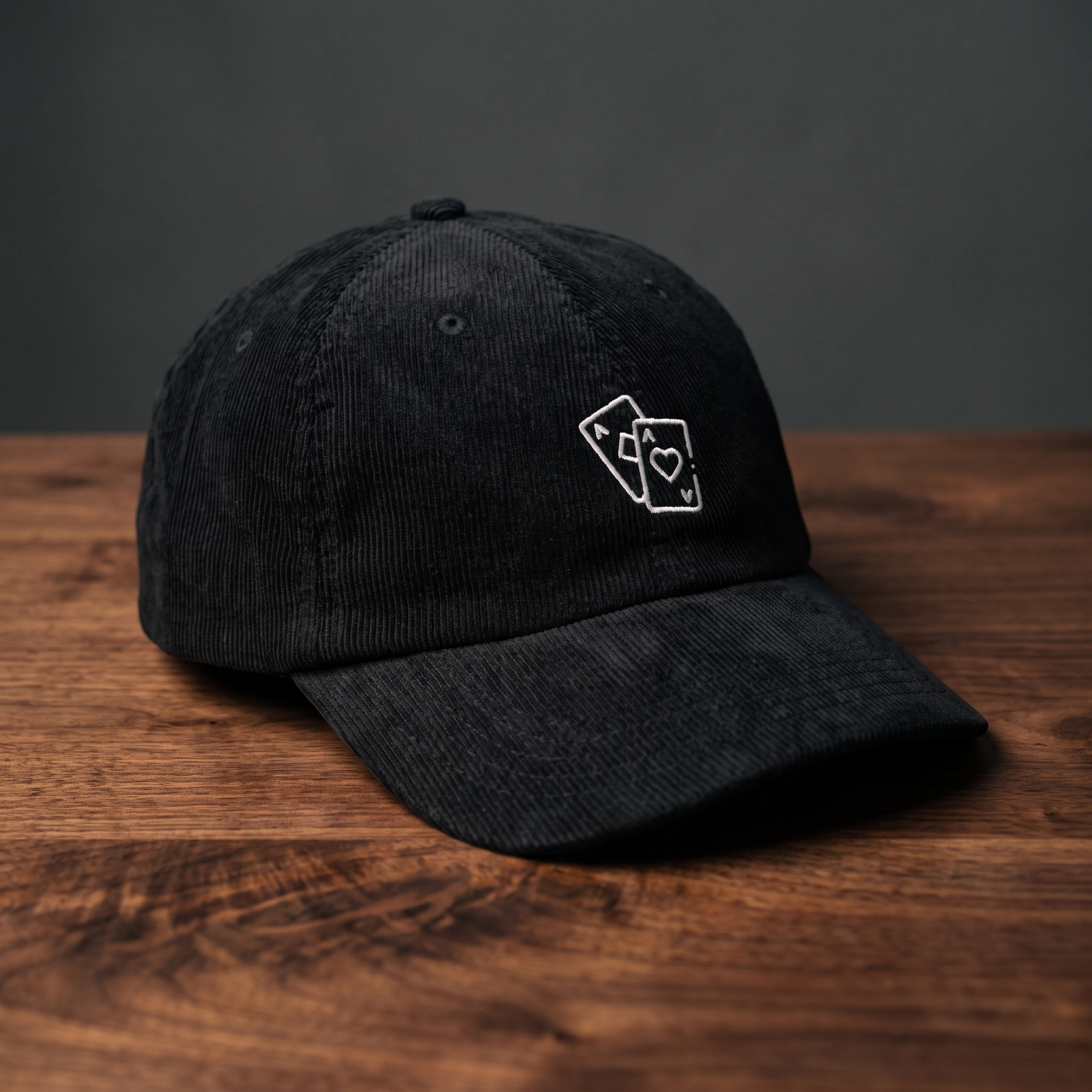 Casquette poker « Paire d'As » noire en velours côtelé, as de pique et as de cœur brodés, posée sur bois foncé