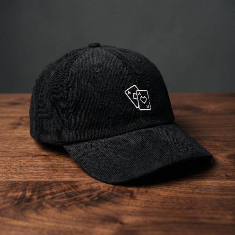 Casquette poker « Paire d'As » noire en velours côtelé, as de pique et as de cœur brodés, posée sur bois foncé