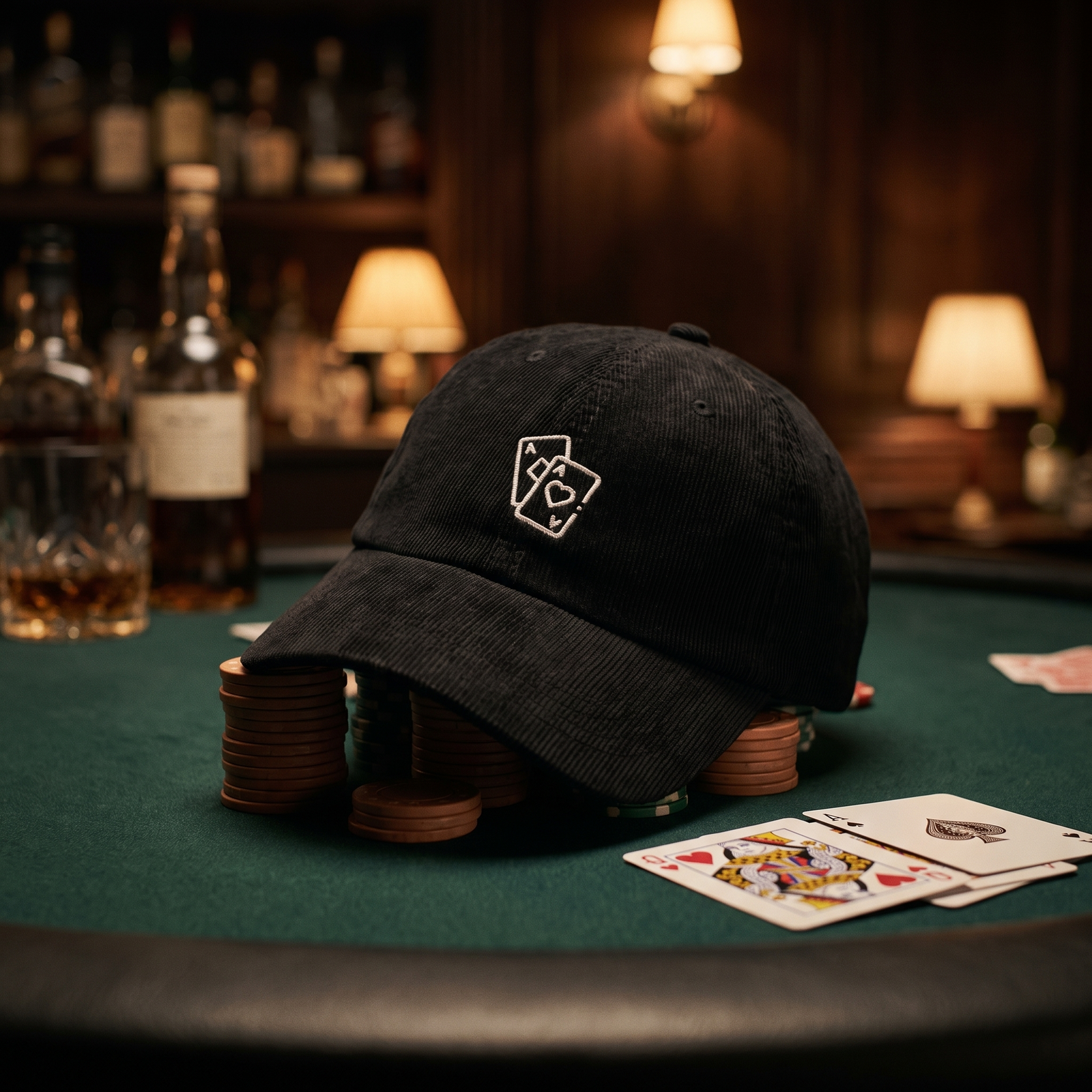 Casquette poker « Paire d'As » posée sur une table de poker avec jetons et cartes