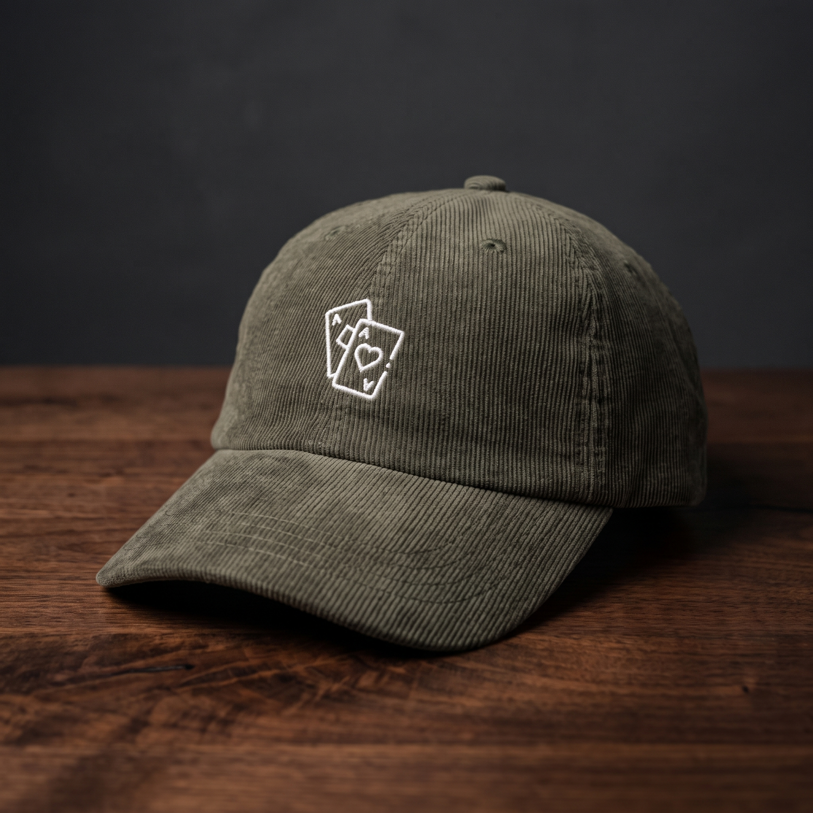 Casquette poker « Paire d'As » vert olive en velours côtelé, as de pique et as de cœur brodés, posée sur bois foncé