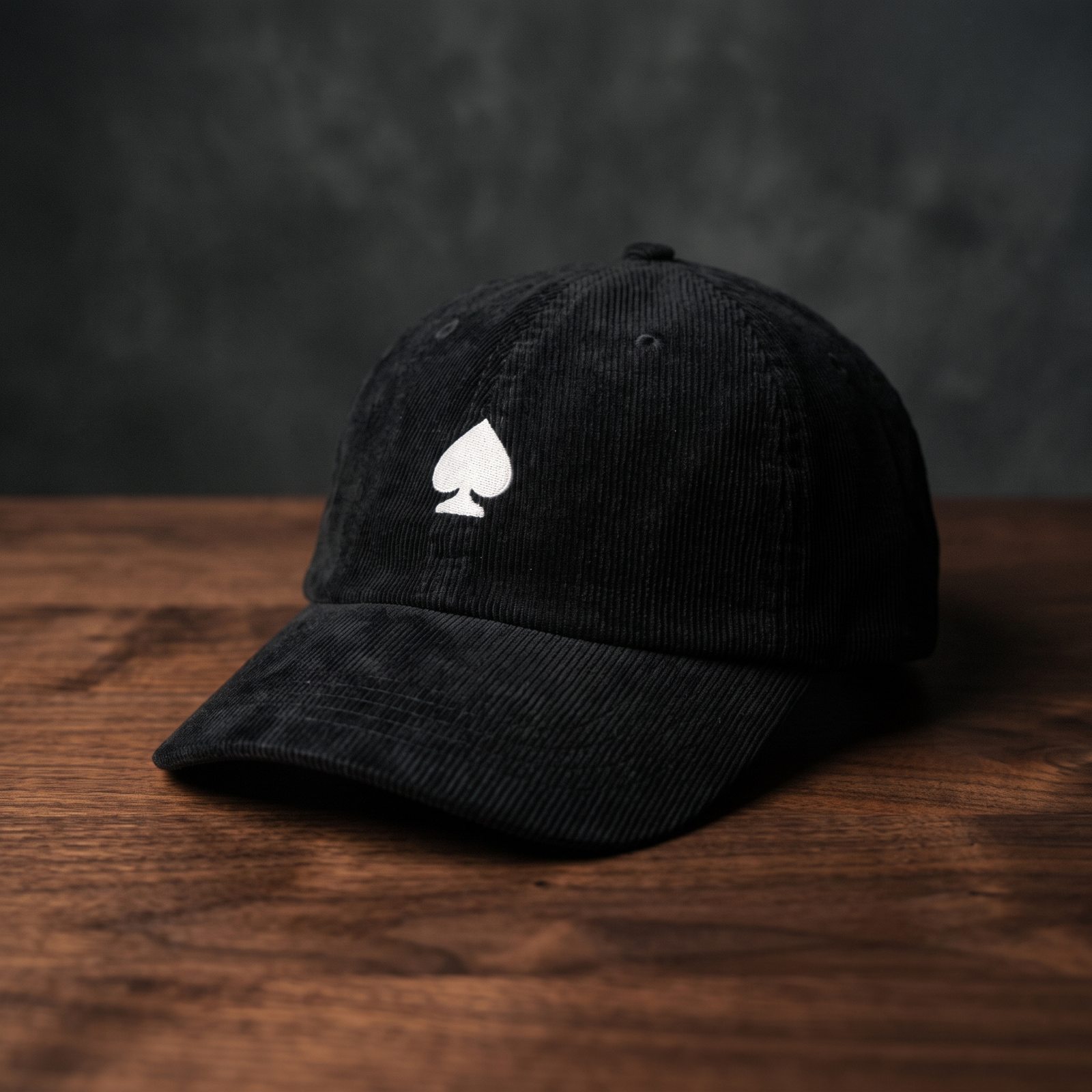 Casquette poker « Pique Blanc » en velours côtelé noir avec pique brodé blanc, posée sur bois foncé