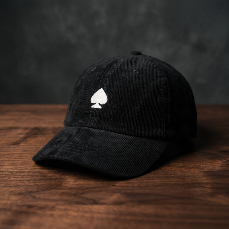 Casquette poker « Pique Blanc » en velours côtelé noir avec pique brodé blanc, posée sur bois foncé