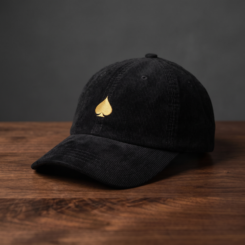 Casquette poker « Pique Doré » en velours côtelé noir avec pique brodé doré, posée sur bois foncé