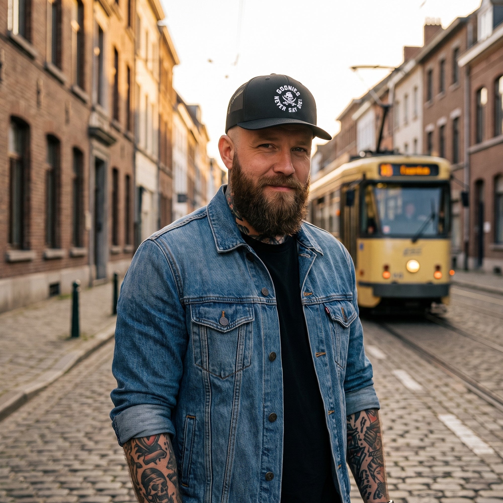 Casquette trucker Goonies noire portée par un homme dans une rue belge, style streetwear