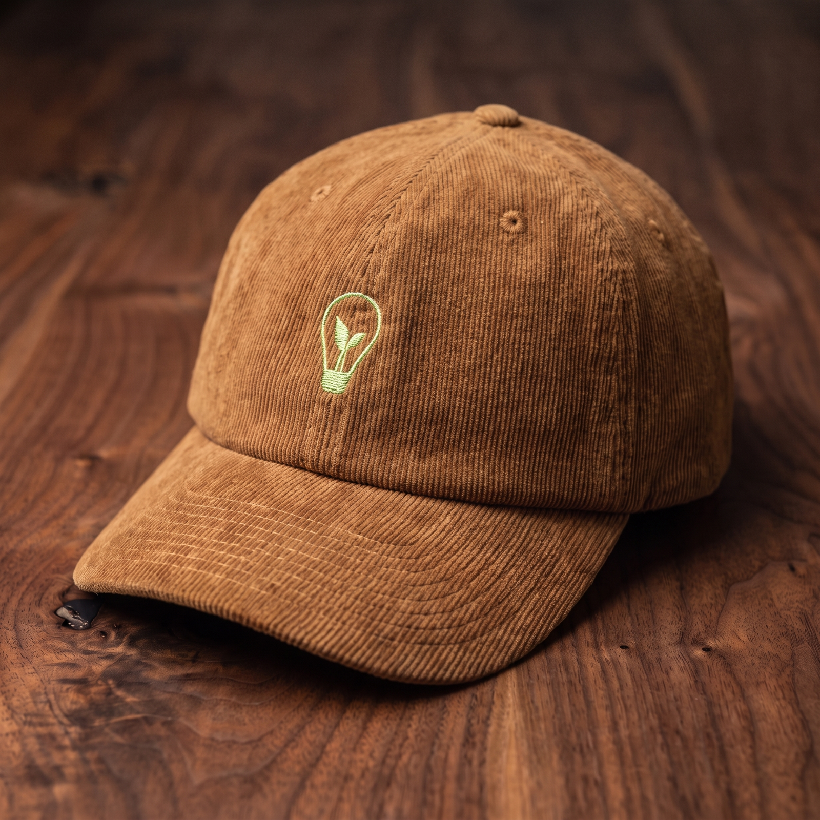 Casquette écolo velours côtelé brodée ampoule verte - brun - vue trois-quarts