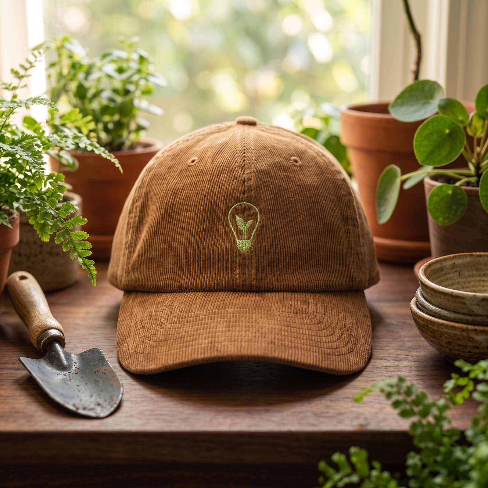 Casquette écolo velours côtelé ampoule verte brun - mise en scène nature CHT'M Boutique