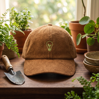 Casquette écolo velours côtelé ampoule verte brun - mise en scène nature CHT'M Boutique