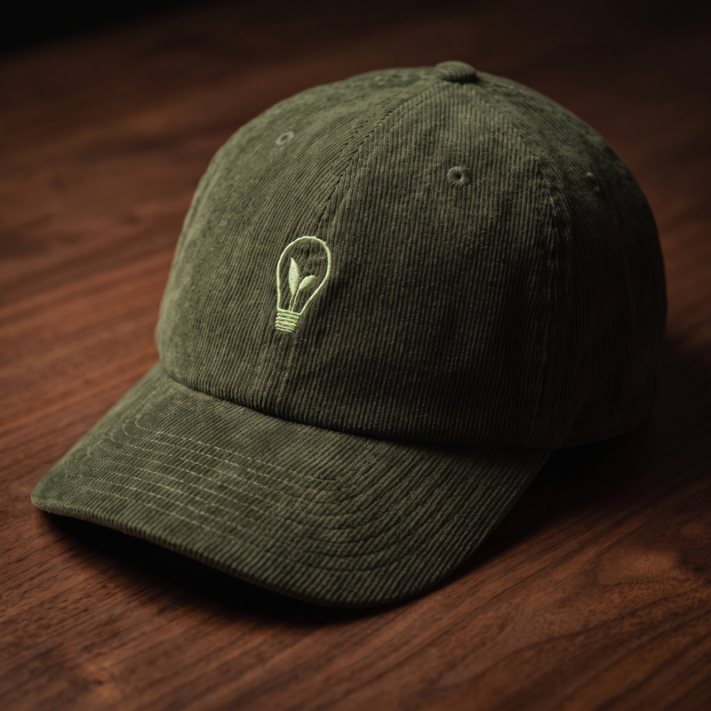 Casquette écolo velours côtelé brodée ampoule verte vert olive foncé - vue principale CHT'M Boutique
