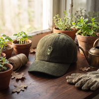 Casquette écolo velours côtelé ampoule verte vert olive foncé - mise en scène nature CHT'M Boutique