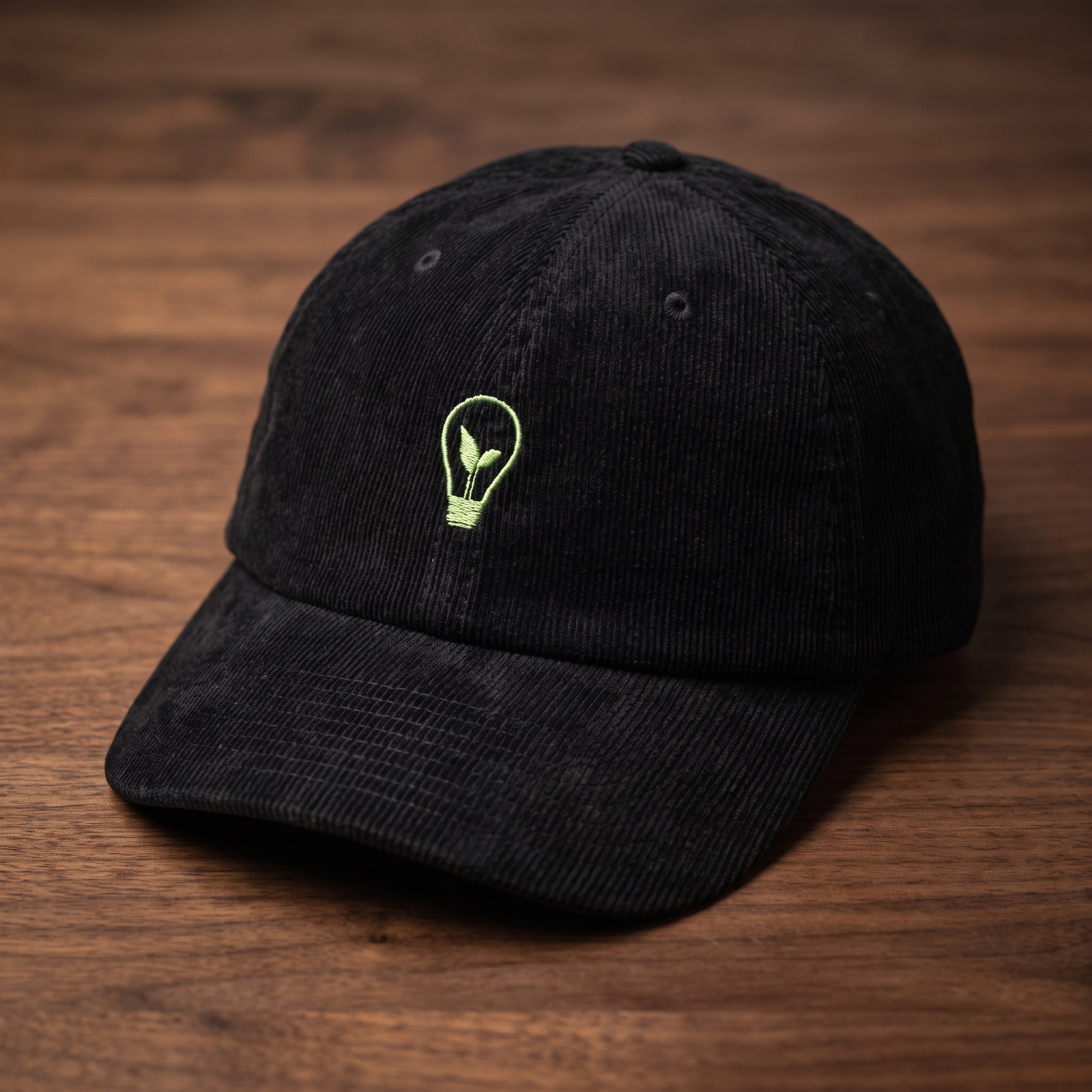 Casquette en velours côtelé noir avec broderie ampoule verte écologique - vue principale
