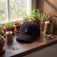 Casquette en velours côtelé noir brodée ampoule verte écologique, mise en scène éco-nature entourée de plantes