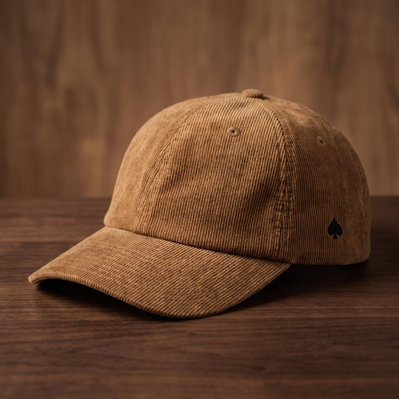 Casquette As de Pic - Broderie Côté en velours côtelé camel, symbole pique noir brodé sur le panneau latéral, posée sur bois de noyer foncé - CHT'M Boutique