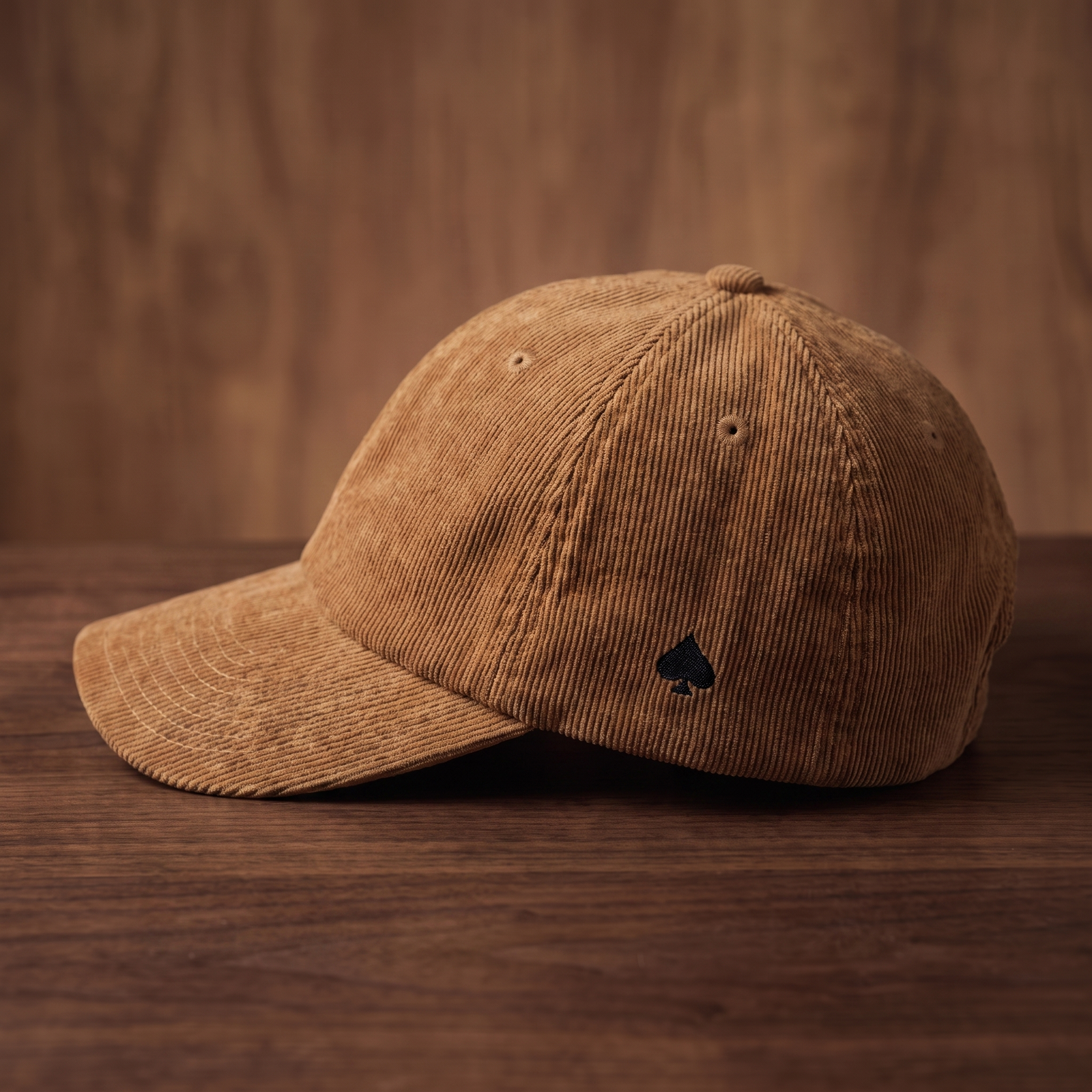 Casquette As de Pic Côté camel en velours côtelé, vue trois-quarts, broderie pique noir sur le côté, sur bois de noyer foncé - CHT'M Boutique