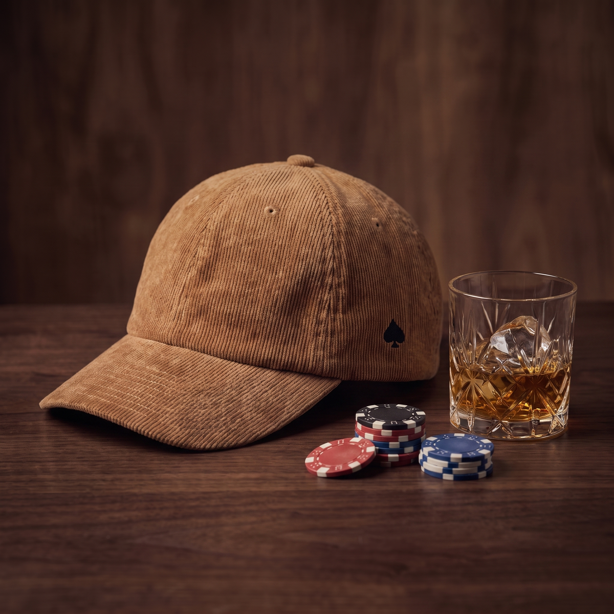 Casquette As de Pic Côté camel en velours côtelé, ambiance soirée poker avec jetons et verre de whisky sur bois de noyer foncé - CHT'M Boutique