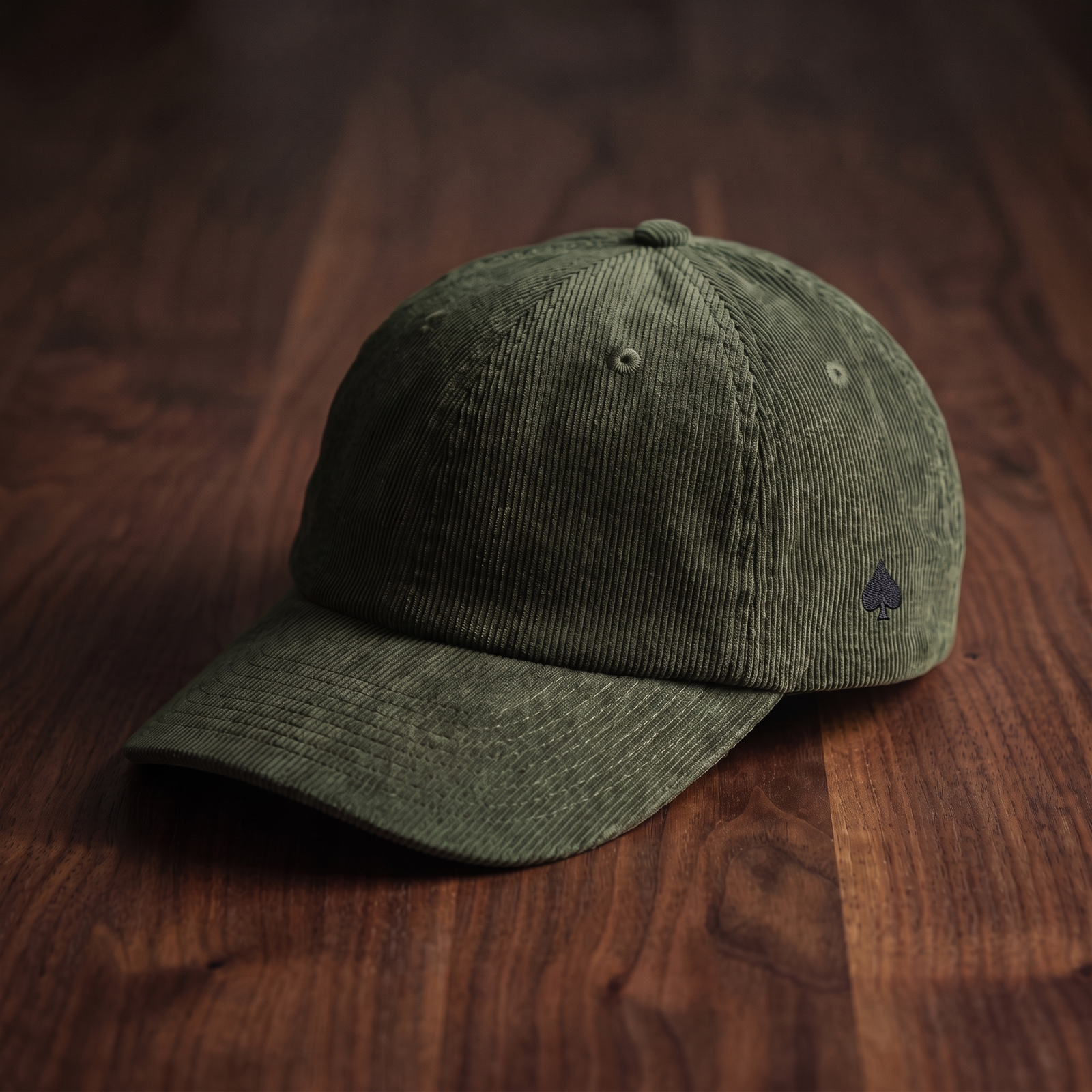 Casquette As de Pic Côté vert olive en velours côtelé, vue trois-quarts, broderie pique noir sur le panneau latéral, sur bois de noyer foncé - CHT'M Boutique