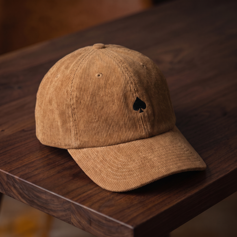 Casquette As de Pic Façade camel en velours côtelé, vue trois-quarts posée sur bois de noyer foncé