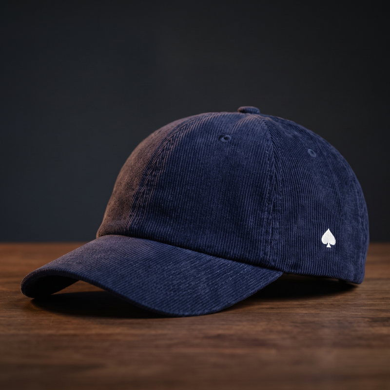 Casquette en velours côtelé navy brodée As de Pic, vue de profil
