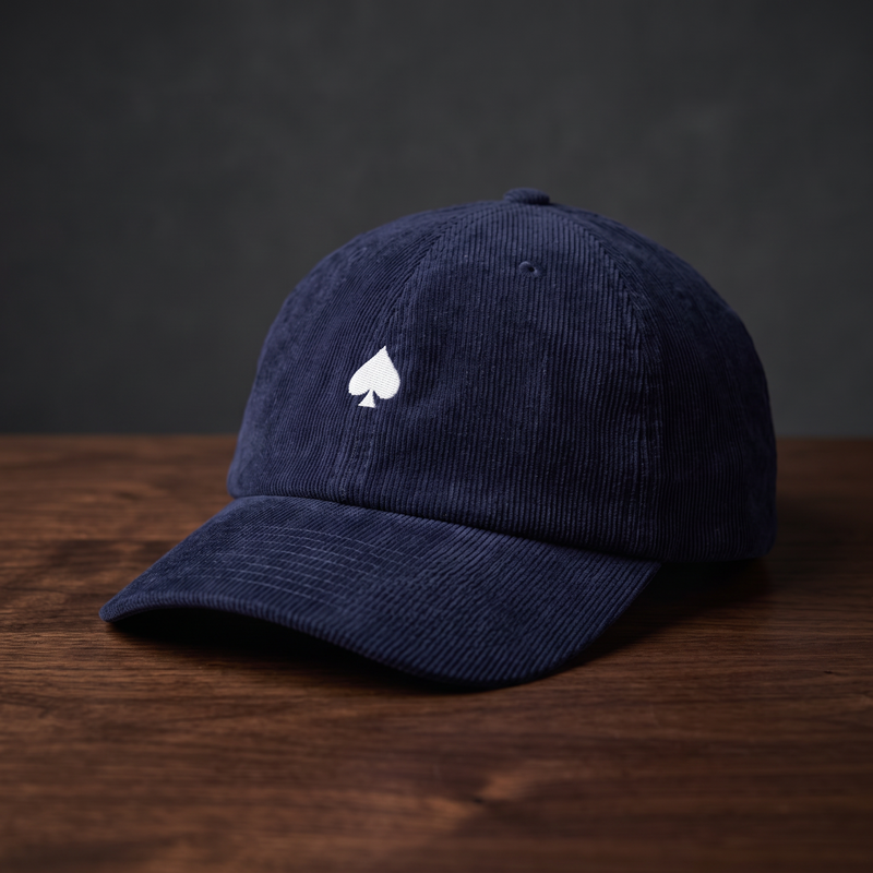 Casquette poker en velours côtelé bleu marine As de Pic - brodure pique façade, vue de face sur fond bois et charbon