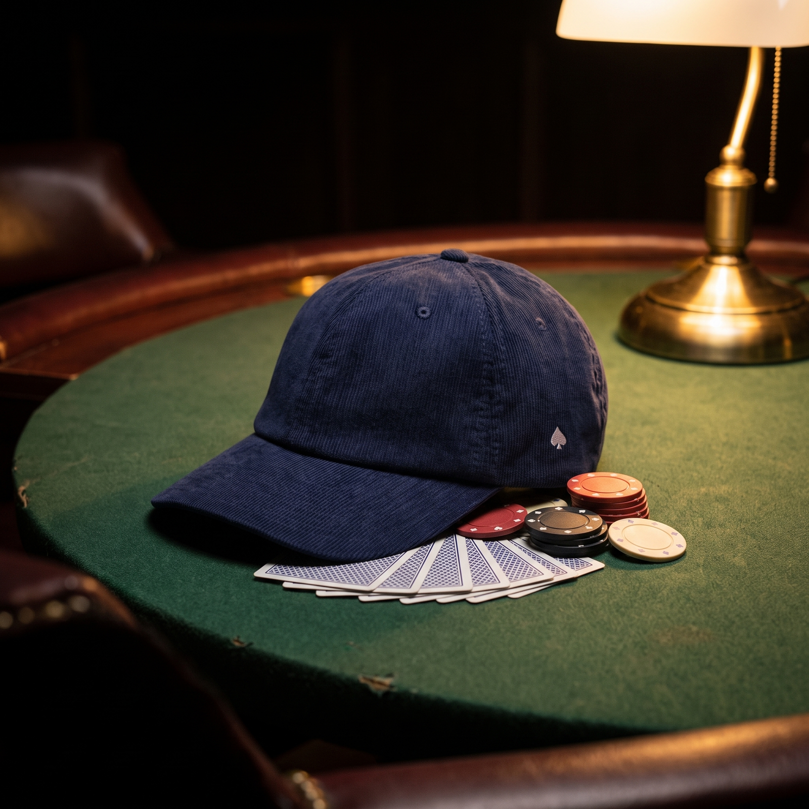 Casquette en velours côtelé navy brodée As de Pic, posée sur une table de poker avec cartes et jetons