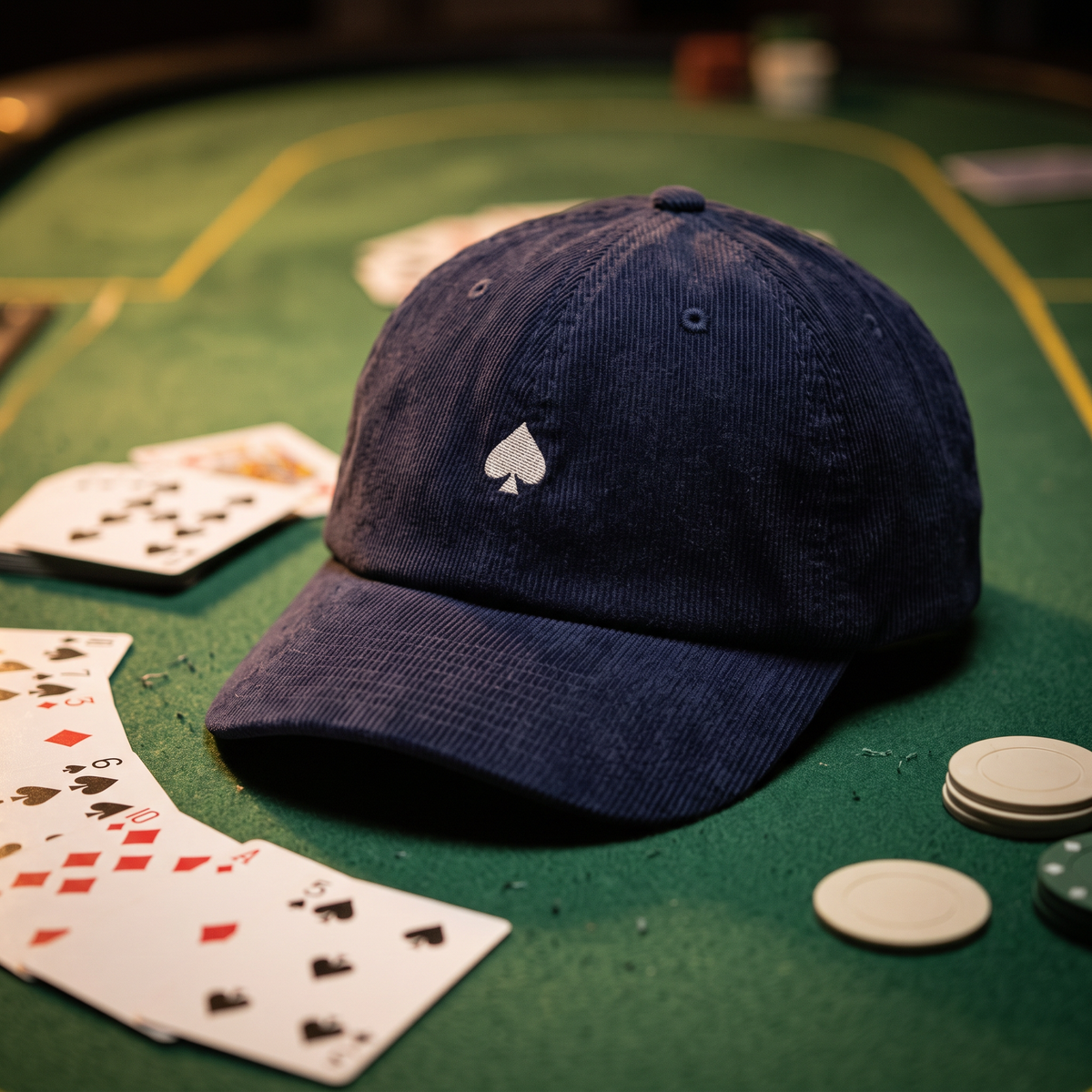 Casquette poker en velours côtelé bleu marine As de Pic - mise en scène table de poker avec cartes et jetons