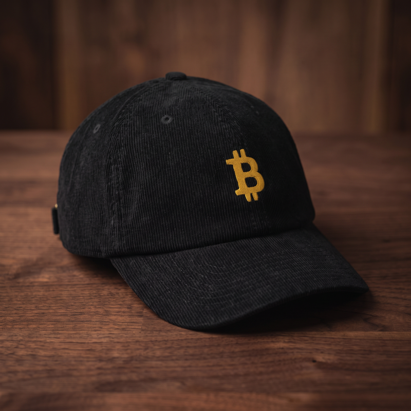 Casquette en velours côtelé noire avec broderie logo Bitcoin doré - vue trois-quarts