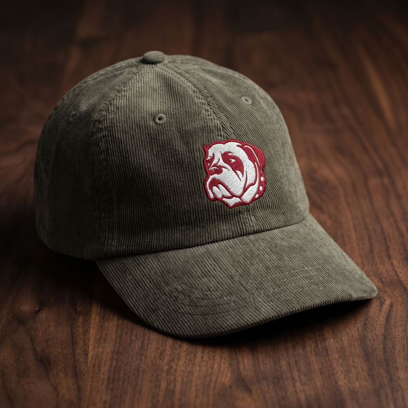 Casquette en velours côtelé olive CHT'M Boutique avec broderie tête de bouledog anglais - vue de face angle léger