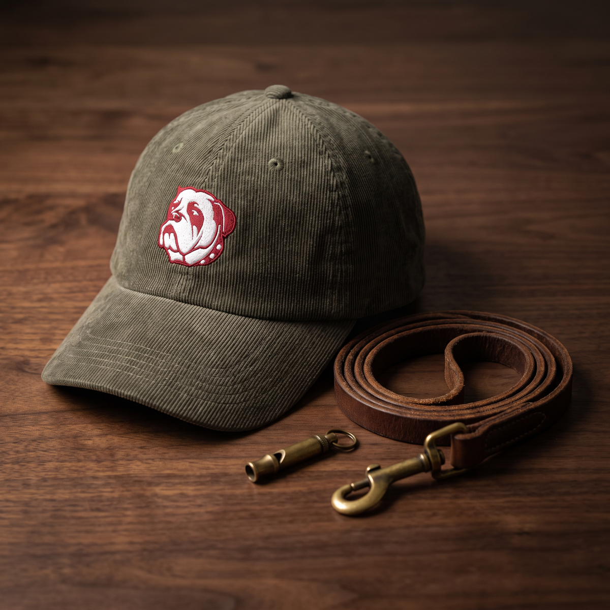 Casquette en velours côtelé olive CHT'M Boutique avec broderie tête de bouledog anglais - mise en scène laisse en cuir et sifflet en laiton bois noyer foncé