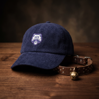 Casquette en velours côtelé bleu marine CHT'M brodée d'une tête de bulldog, posée avec un collier pour chien clouté en cuir et une clochette en laiton, sur bois noyer foncé
