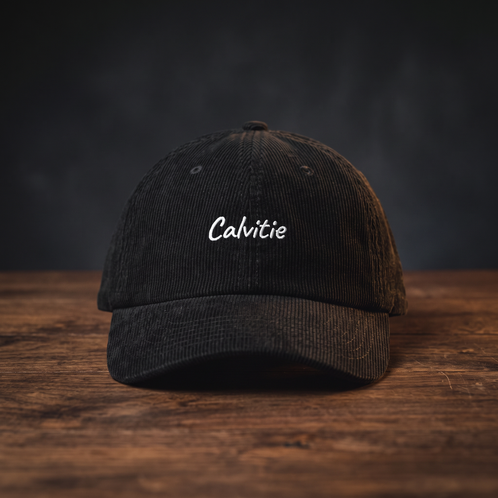 Casquette en velours côtelé noire brodée « Calvitie », posée sur une table en bois sombre, mise en scène cinématographique CHT'M Boutique.