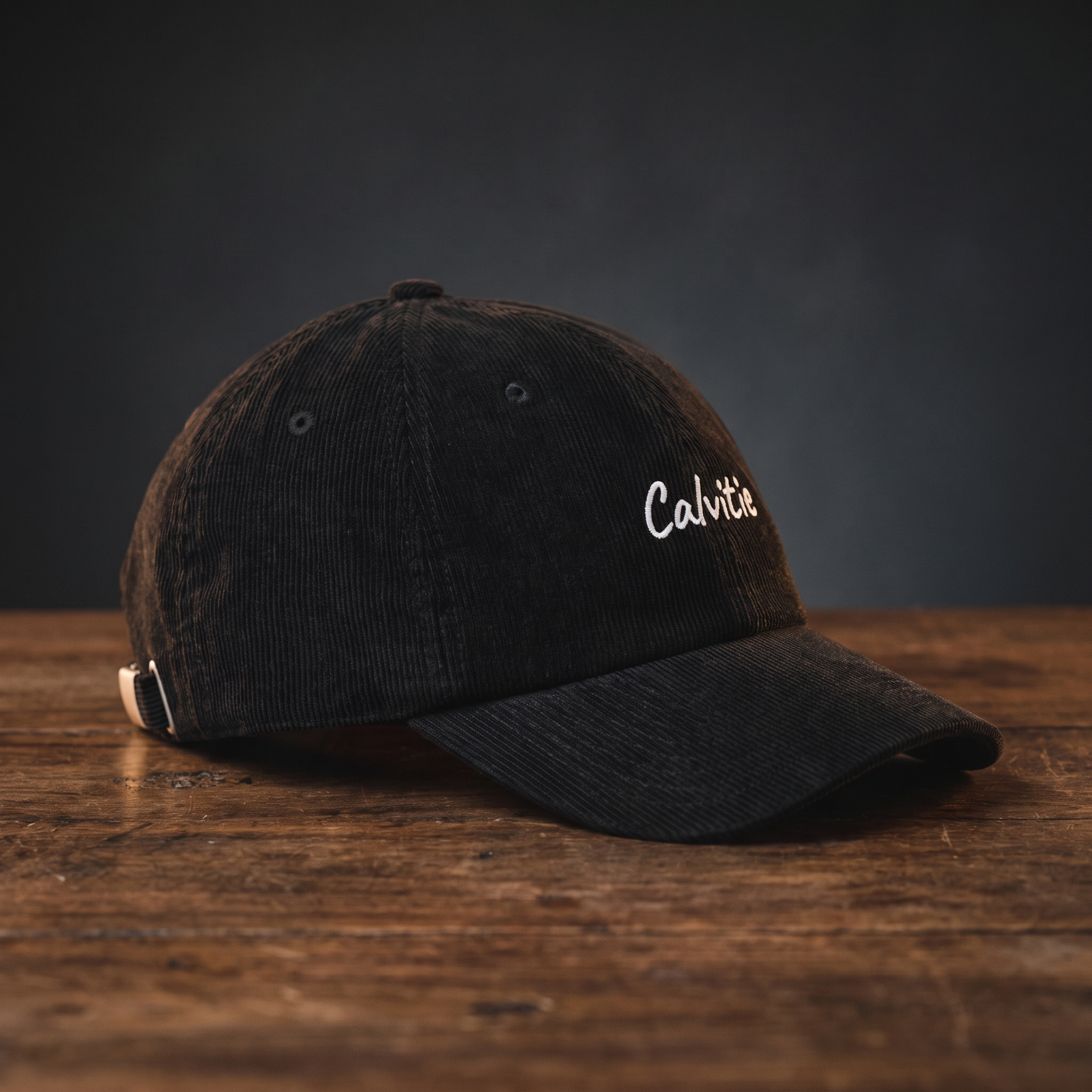 Casquette en velours côtelé noire brodée « Calvitie », vue de trois-quarts montrant la texture côtelée et la boucle de réglage argentée, CHT'M Boutique.