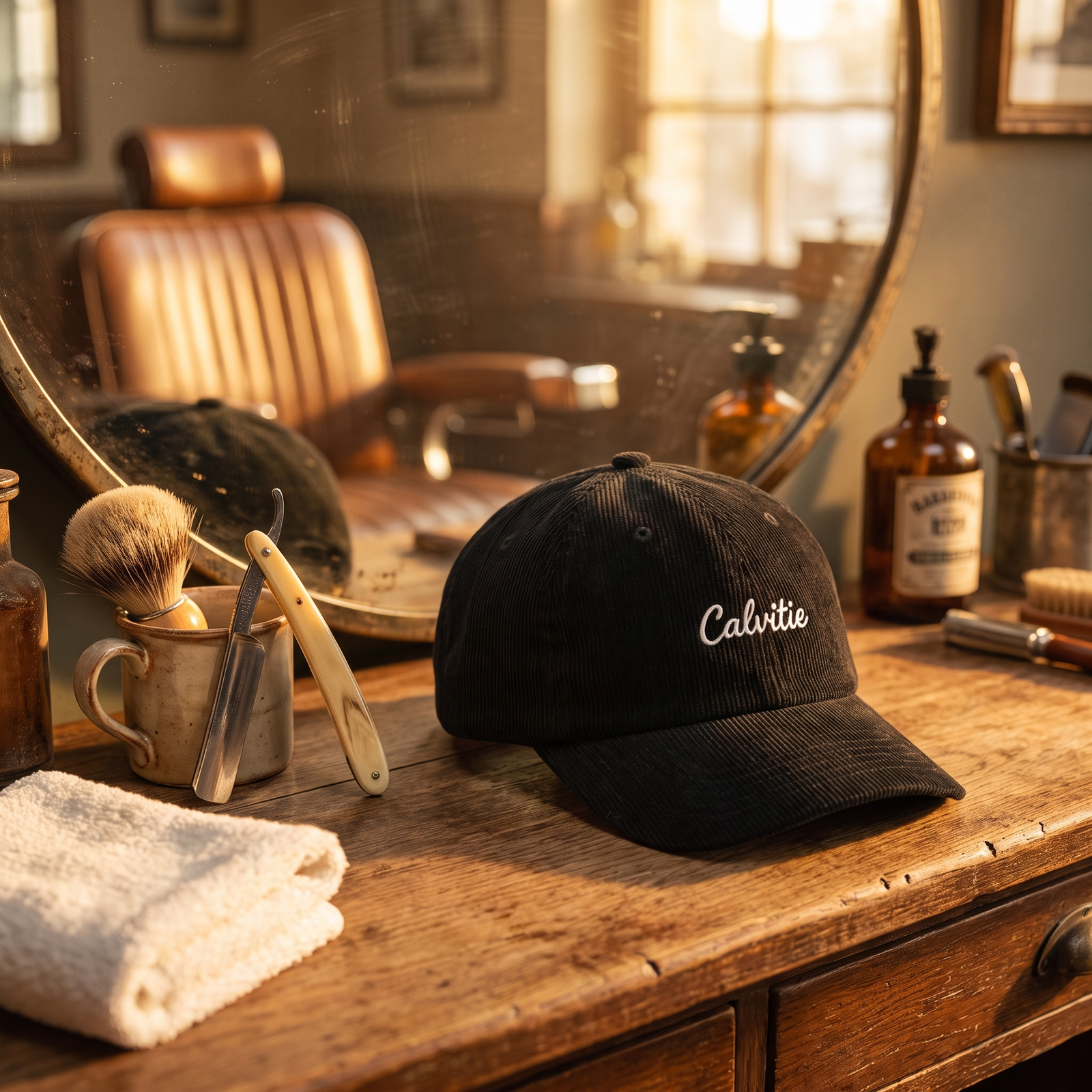 Casquette en velours côtelé noire « Calvitie » posée sur un comptoir de barbier vintage, entre rasoir et blaireau, ambiance dorée rétro CHT'M Boutique.