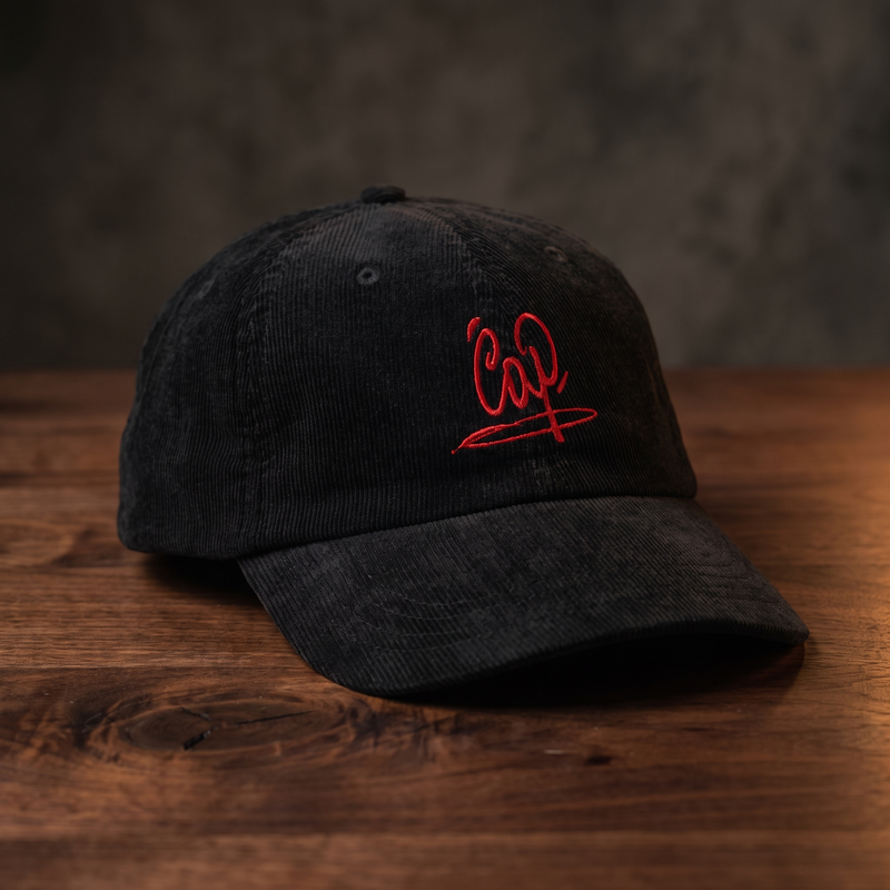 Casquette en velours côtelé noire brodée Cap, CHT'M Boutique, vue légèrement de trois-quarts sur bois de noyer foncé