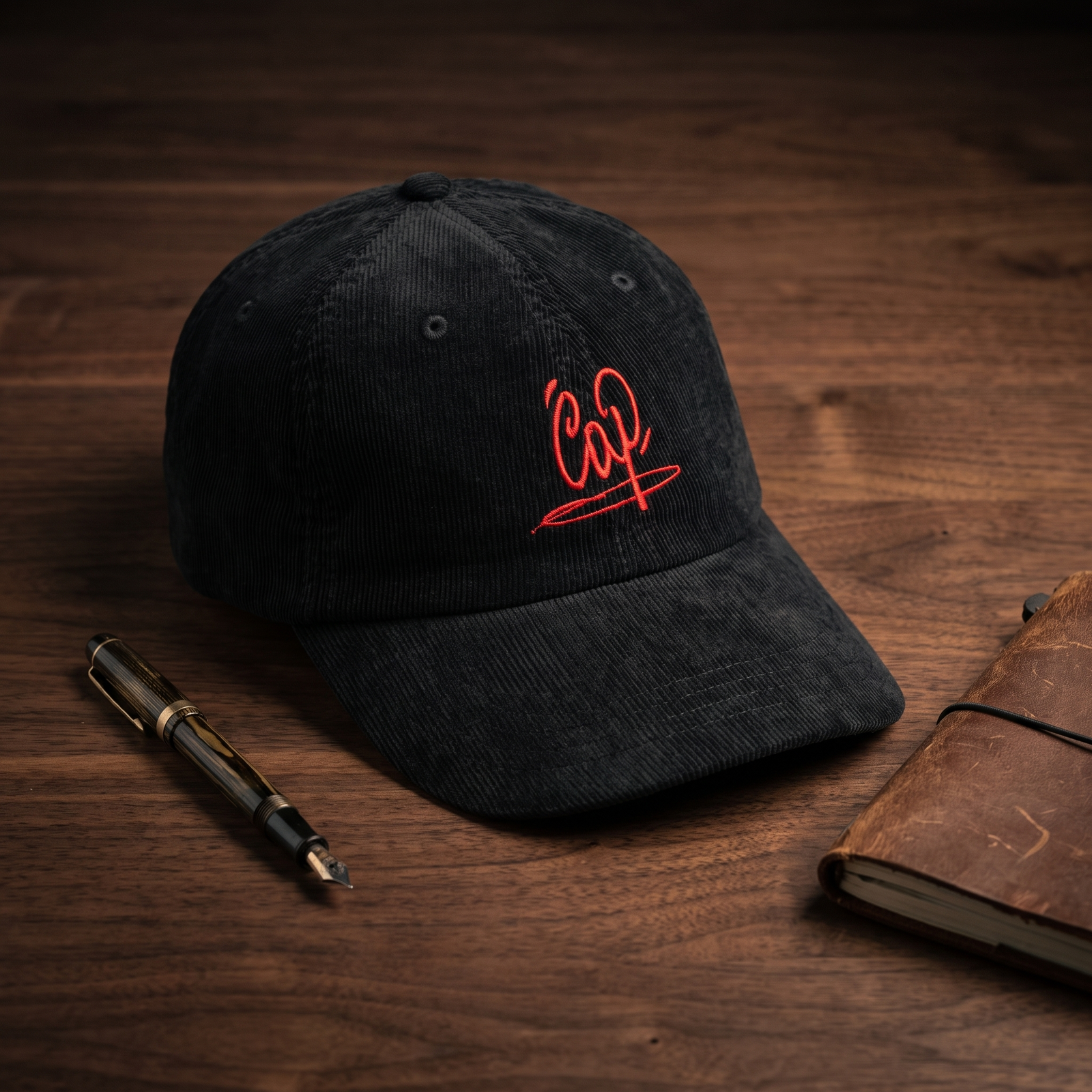 Casquette en velours côtelé noire brodée Cap, CHT'M Boutique, mise en scène stylo plume et carnet en cuir sur bois de noyer foncé