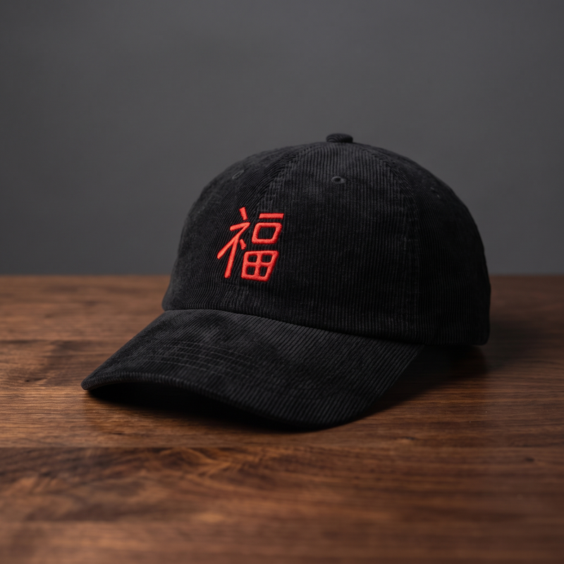 Casquette en velours côtelé noire brodée caractère chinois Fu (bonheur, prospérité) - vue de face