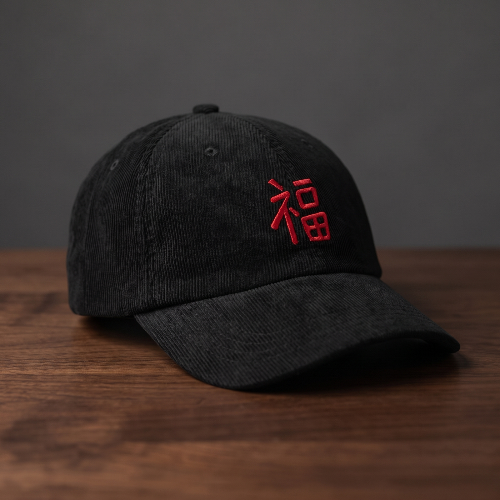 Casquette en velours côtelé noire brodée caractère chinois Fu - vue de profil rapprochée